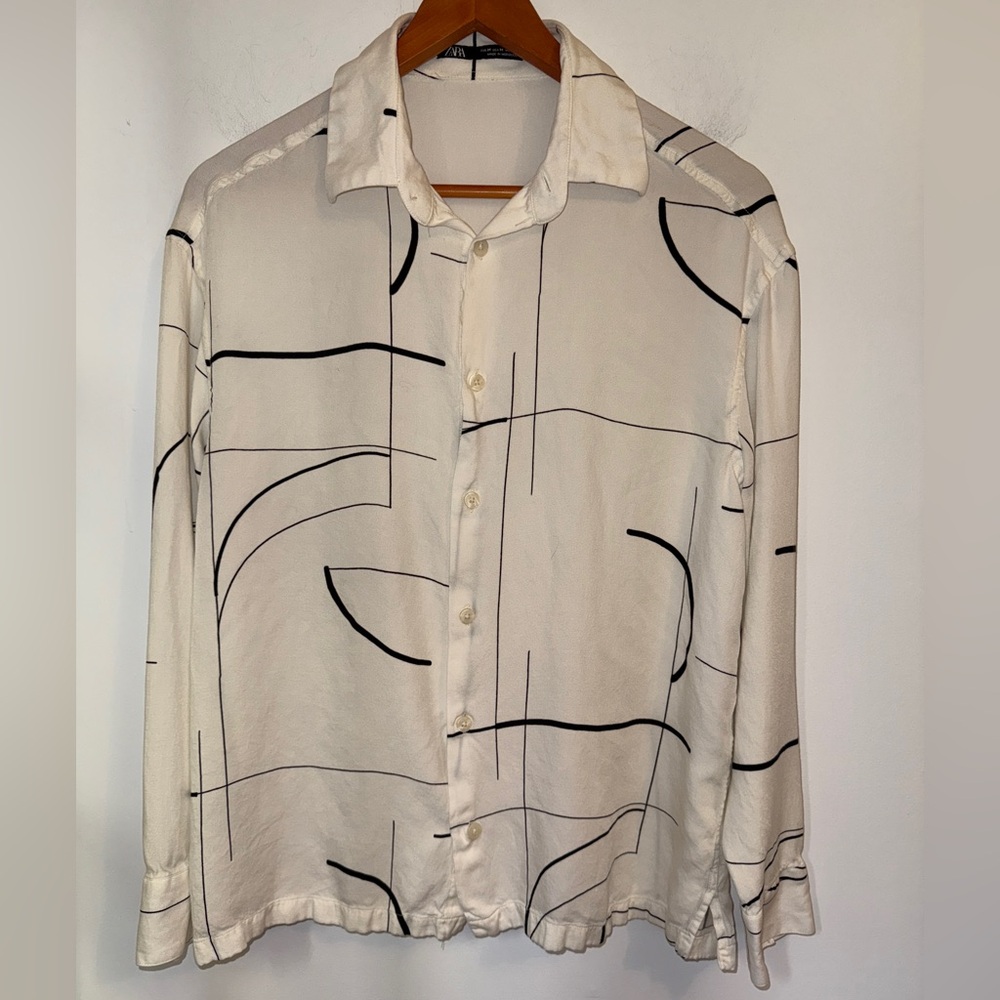 Zara Man White Black Abstract Line Print Button-Up Shirt Size M - Picture 4 of 13